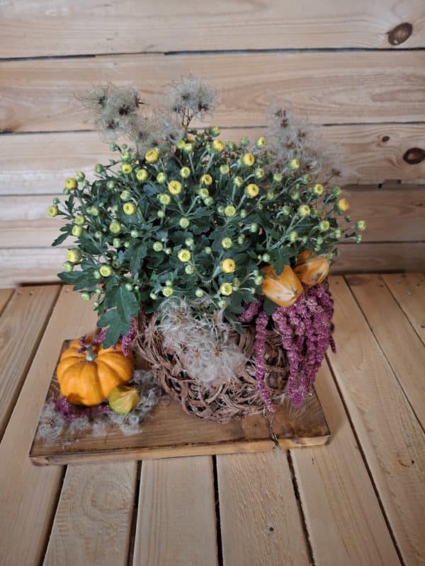 Blumendeko im Flechtkorb mit Kürbis